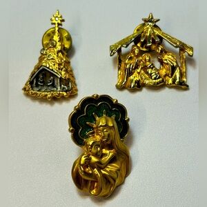 Lot of three religious Christmas Brooch Lapel Pins Madonna Child Nativity Scene